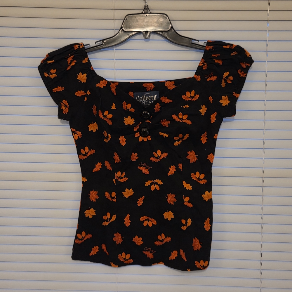 Collectif Black Blouse with Orange Leaf Pattern